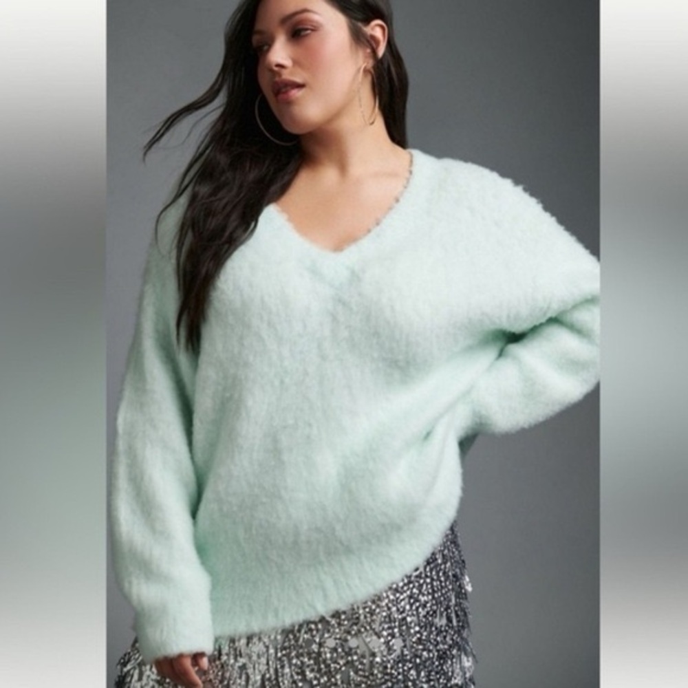 Maeve By Anthropologie plush Sweater Mint Fuzzy Oversized Pullover Womens S